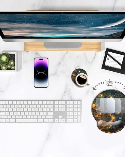 Ergonomic Mouse Pad with Wrist Support,Mouse Pad with Wrist Rest,Relieve Wrist Pain Mousepad Non-Slip Rubber Base,Mouse Pads for Desk,Computers,Laptop,Office,Home,Accessories Library Tree