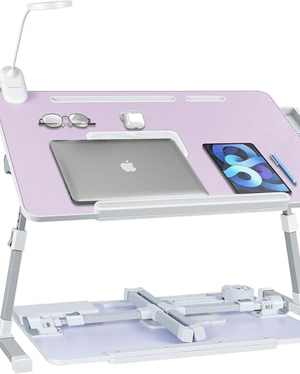 iXTRA Laptop Lap Desk with Cooling Fan - Adjustable Bed Desk with Light, Bed Table with Cup Holder&Phone Holder - Storage Drawer Desk - Folding Bed Desk,Purple,70x45cm
