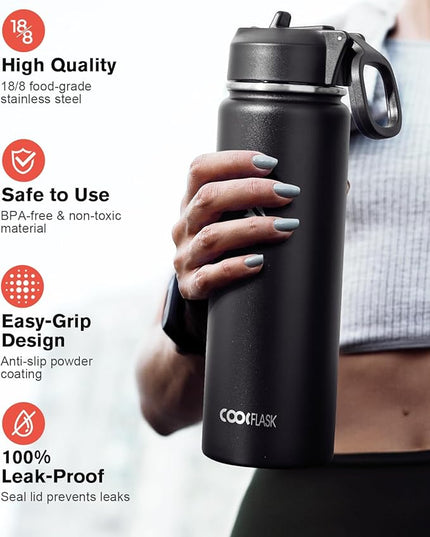 Coolflask Water Bottle 24 oz Insulated with Straw, Stainless Steel Metal 3 Lids Water Flask Wide Mouth for Sports or Office, Non-BPA Keep Cold Up to 48 Hrs or Hot Up to 24 Hrs, Magic Black