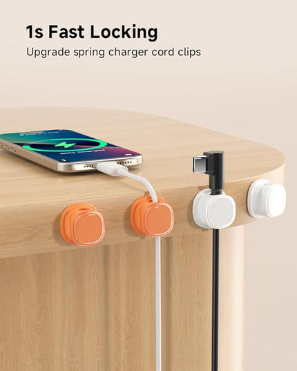 9 Pack Cord Organizer, Spring Cable Management, Adhesive Cute Cable Holder Clips, Phone Charger Wire Keeper for Desk Nightstand Car Office (9-Pack White_Orange)
