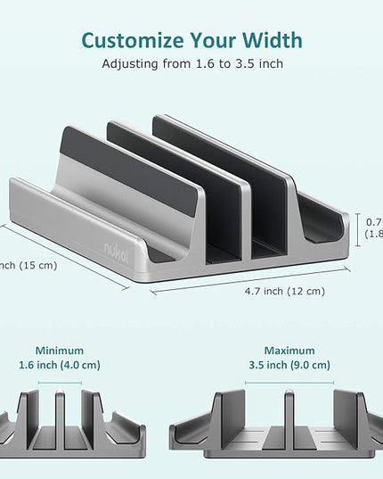 Vertical Laptop Stand - SPACEMax Adjustable GRIPLock Anti-Tip Silicone 4 Slots Aluminum Desktop Holder - Double Dock Stand - 2 Phone Slots Fits Up to 17.3” Laptops, Tablets, Phones - Silver