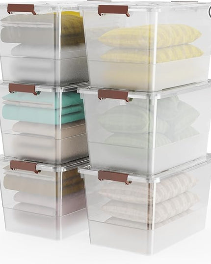 53 quart Clear Plastic Storage Bin with Lids and Latch Buckle, Tote Organizing Box Stackable and Nestable, Set of 6