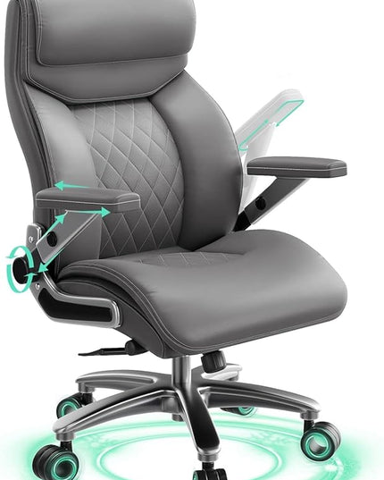 Big and Tall Office Chair with 5D Arms, 600lbs Heavy Duty Desk Chair with Adjustable Lumbar Support, PU Leather High Back Ergonomic Executive Computer Chair with 3'' Silent Casters