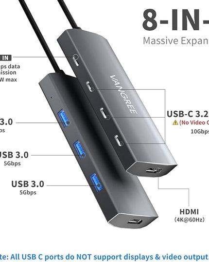 VANGREE USB C Hub, 3 USB 3.2 Gen 2 Ports with 10Gbps, 4K@60Hz HDMI, 100W Power Delivery, 3 USB-A 3.0 Ports, USB C Splitter Multiport Adapter Extender for MacBook Pro/Air, iPad Pro, Mac mini and More