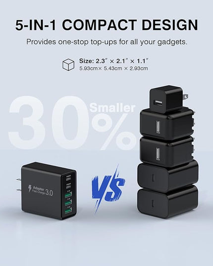 [2-Pack] USB C Wall Charger, 60W USB C Charger Block 5-Port PD Fast Charging Blocks,2USB C+3USB A Multiport Plug,Type C Power Adapter Brick Cube for iPhone 17/16/15/14/13/Pro,Samsung,for Switch（Black）