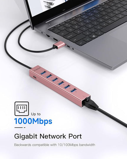 Aluminum USB 3.0 Adapter USB to Ethernet HUB with 120CM Long Cable for Laptop USB Extender with Gigabit Ethernet Port and 5V/3A Power Port 7 Ports USB Hub for iMac PC Flash Drives (Rose Gold)