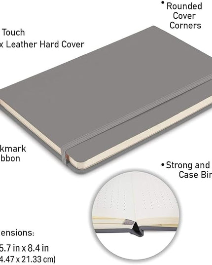 Simply Genius A5 Dotted Hardcover Notebook Pack - 5.7 x 8.4 in, 192 Pages, 4-Pack, Gray Faux Leather - Grid Notebook & Pocket Journal for Business, School & Travel