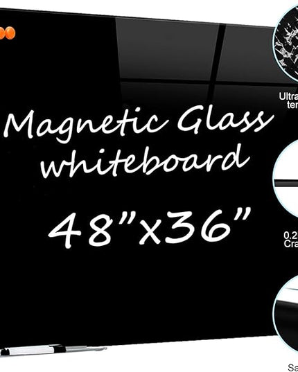 Glass Dry Erase Black Board - Magnetic Blackboard 48"X36" Frameless Whiteboard Clear Glass Boards with Super Strong Magnets, Wall Mounted for Office, Classroom and Home