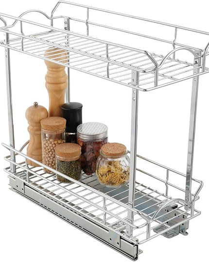 OCG Slide Out Cabinet Organizer for Narrow Cabinet (7" W X 17" D), 2 Tier Pull Out Shelves Slim Sliding Cabinet Organizer and Storage, Chrome