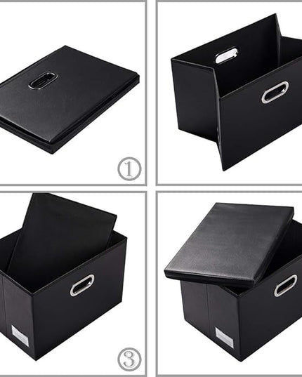 PRANDOM Large Foldable Storage Bins with Lids [3-Pack] Leather Fabric Collapsible Storage Boxes Organizer Containers Baskets Cube with Cover for Home Bedroom Closet Office Black(17.7x11.8x11.8)