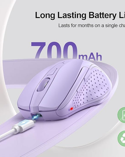 TECKNET Wireless Mouse (BT5.0/3.0 & 2.4G) Rechargeable 4800 DPI Silent USB A & Bluetooth Mouse 6 Buttons, Wide Compatibility - Lavender