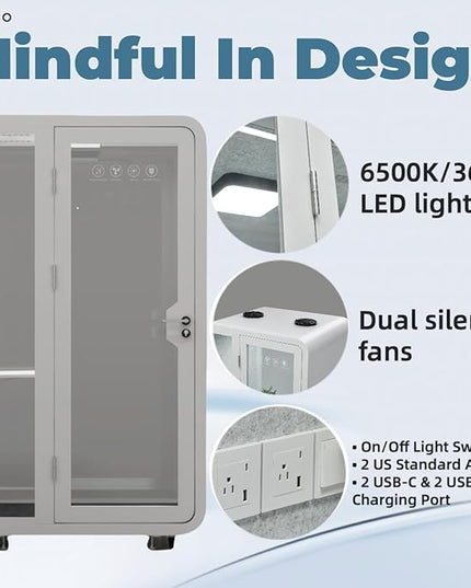 Solo Office Pod, Sound Pod, Mobile Office Pod Booth, SoundProof Booth for Home, Privacy pod, Mobile Roller with Desk, LED Light, Centrifugal Fans and AC USB Ports - White