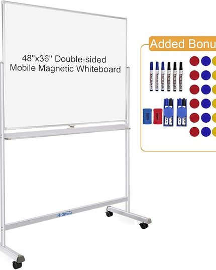 H-Qprobd Rolling Whiteboard with Stand 48"x36" Double-Sided Mobile Magnetic Dry Erase Board on Wheels for Home, Office & School