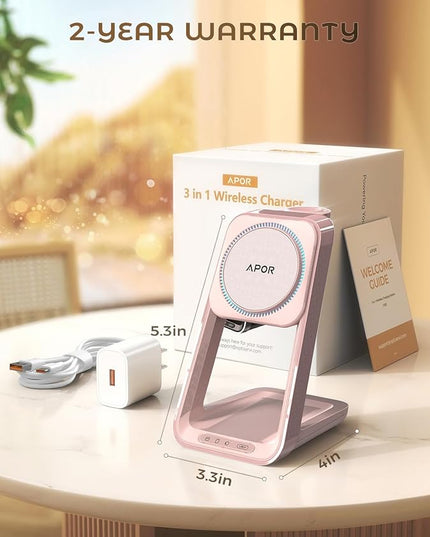3 in 1 Charging Station for iPhone, Magsafe Wireless Charger with Cooling Fan for iPhone 17 16e 16 15 14 13 12 Series & Apple Watch Charger, Wireless Charging Station for AirPods 4/3/Pro (Pink)