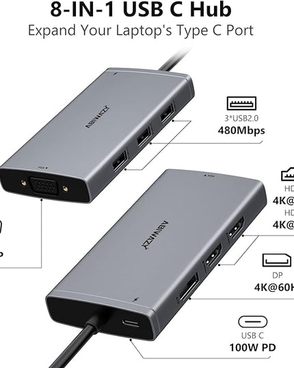 ABIWAZY USB C Docking Station Dual Monitor Adapter for Dell HP Laptop Docking Station 3 Monitors Quadruple Display USBC Hub Dongle to 4K HDMI,DP,VGA,3 USB2.0,100W PD, USB-C Dock for Lenovo,Surface