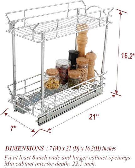 OCG Slide Out Cabinet Organizer for Narrow Cabinet (7" W X 21" D), 2 Tier Pull Out Shelves Slim Sliding Cabinet Organizer and Storage, Chrome