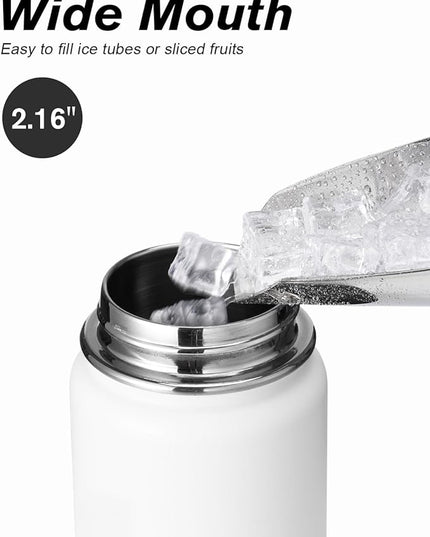 Coolflask Water Bottle 24 oz Insulated with Straw, Stainless Steel Metal 3 Lids Water Flask Wide Mouth for Sports or Office, Non-BPA Keep Cold Up to 48 Hrs or Hot Up to 24 Hrs, White