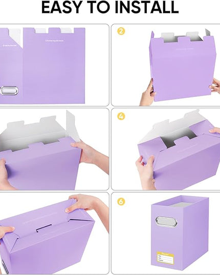 BALEINE File Organizer Box, Cardboard File Folder Organizer with Handle for Letter Size, Portable Collapsible Hanging Filing Box for Home Office Document Storage (4 Pack, Lavender)
