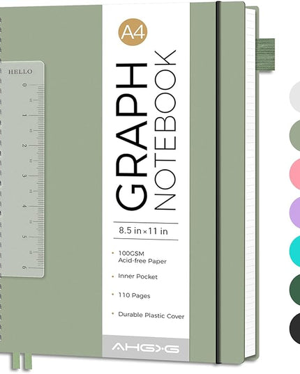 AHGXG Graph Paper Notebook - Spiral Notebook 8.5" x 11", A4 Large Graph Notebook, 100 gsm Thick Grid Paper, Waterproof Plastic Cover Journals for School Writing Engineering Math, Sage Green