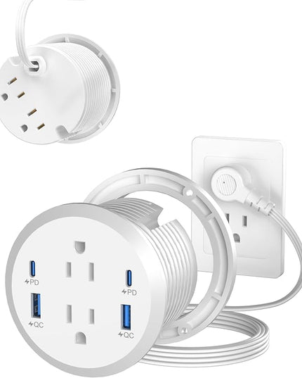 Jgstkcity Power Strip,Flush Mount Recessed Power Grommet,65W USB C Fast Charging,3-Inch Hole, 4 Outlets & 4 Ports, Ideal for Desktop & Countertop Outlet,Dual-Sided (White, 6FT)