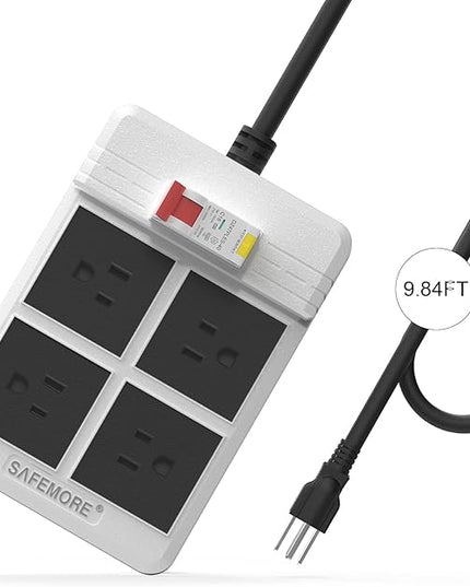 GFCI Power Strips with 9.84 FT Heavy Duty Extension Cord, 4 Gang Sockets 15A Fused SAFEMORE Power Strip 1875J with 30mA RCBO Leakage Protection, for Workshop Garage RV Indoor (White)