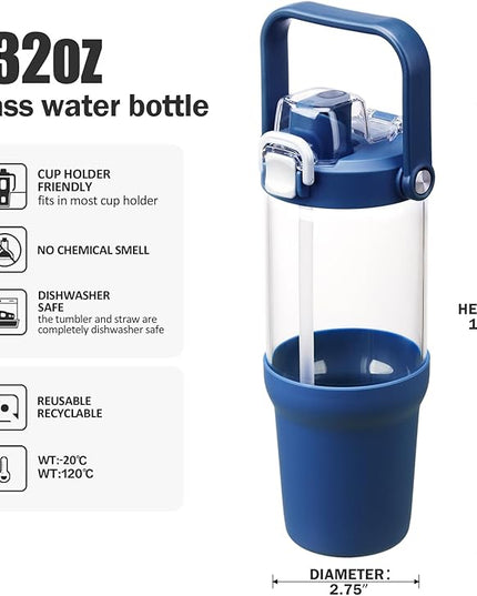 Glass Tumbler with Carry Handle, Clear Glass Water Bottle with Leakproof Lid, Spout Lid&Straw, BPA-Free, 32 oz, DBlue