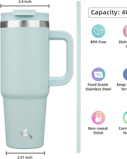 40 oz Tumbler with Handle and 2 Straws,2 in 1 Lid Insulated Water Bottle Stainless Steel Travel Coffee Mug,Blue Haze