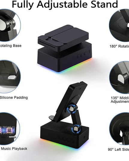 Wireless Induction Bluetooth Speaker, 5-in-1 Foldable Phone Holder, 1500mAh Emergency Charging, Colorful LED Ambient Light, Tech Gadgets Gifts for Men Women, for iPhone Android Tablet, Black