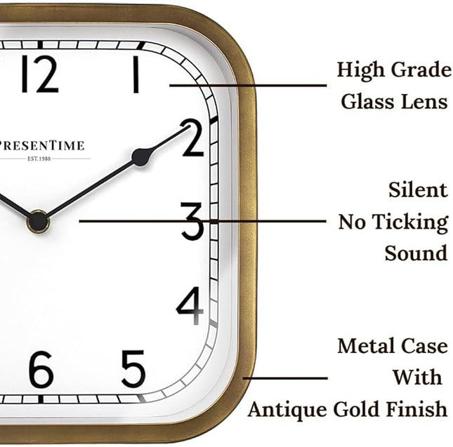 Presentime & Co 10" Anton Vintage Square Clock, Silent No Ticking, Wall & Mantel 2 in 1 Clock, Desk and Shelf Clock, Tabletop Décor, Antique Hamilton Gold