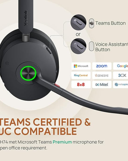 Yealink BH74 ANC Wireless Bluetooth Headset with Mic for Work, 6-mics Hybrid ANC Tech, Microsoft Teams Premium Open Ofﬁce Certified Headsets, up to 32h Talking Battery Life, Zoom Certified