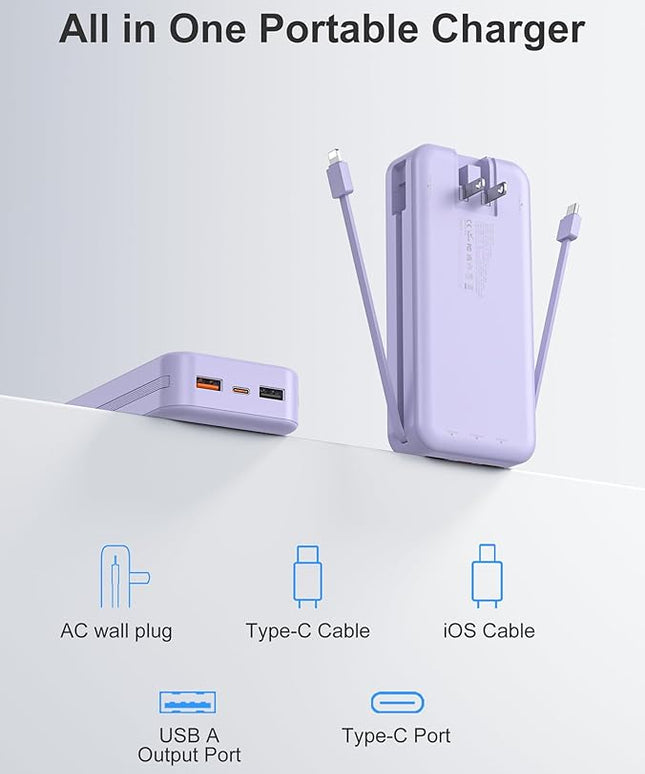 20000mAh Ultra-Portable-Charger-Power-Bank PD20W with Built in Cables&AC Wall Plug,Fast Charging Cell Phone Charger Battery Pack,LED Display Travel Battery Bank for All iPhone,Samsung,Android
