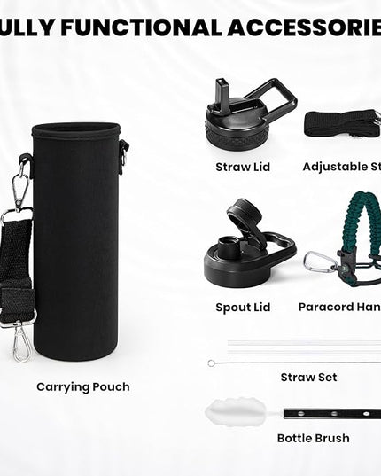 Insulated Water Bottle 24oz, Triple Wall Vacuum Stainless Steel (Cold for 48 Hrs, Hot for 24Hrs), Leak Proof & Non-BPA, 24oz Hydro Water Flask with Paracord Handle & Straw Spout Lids