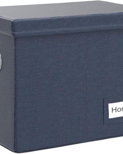 PRANDOM File Organizer Box - Set of 1 Collapsible Decorative Linen Filing Storage Hanging File Folders with Lids Office Cabinet Letter Size Navy Blue (14x9.3x10.8 inch)
