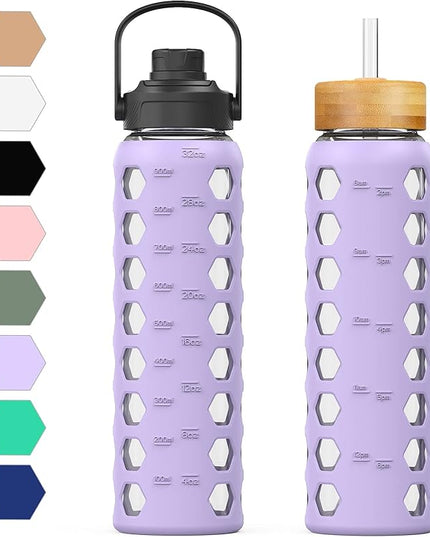 MUKOKO 32oz Glass Water Bottles with 2 Lids-Handle Spout Lid&Bamboo Straw Lid, Motivational Water Tumbler with Time Marker Reminder and Silicone Sleeve, Leakproof-Purple-1 Pack