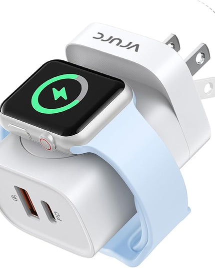 VRURC Charger for iPhone & Apple Watch, 20W USB C Fast Charging Block, 3-in-1 Compact Travel Adapter with 2 Port for iPhone 17/16/15/14/13, Wireless Magnetic for iWatch SE/11/10/9/8/7/6/5/4-White