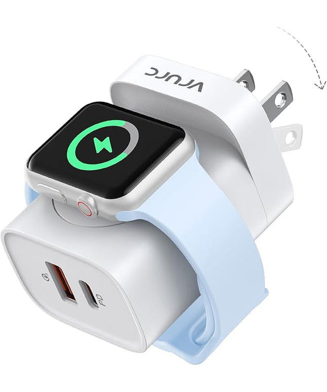 VRURC Charger for iPhone & Apple Watch, 20W USB C Fast Charging Block, 3-in-1 Compact Travel Adapter with 2 Port for iPhone 17/16/15/14/13, Wireless Magnetic for iWatch SE/11/10/9/8/7/6/5/4-White