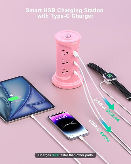 Tower Power Strip Surge Protector with 12 Outlets 3 USB Ports(2 Type C), 6.5 FT Ultra Flat Extension Cord with Multiple Outlets, Flat Plug Outlet Extender with Screw Wall Mount for Home Office Dorm