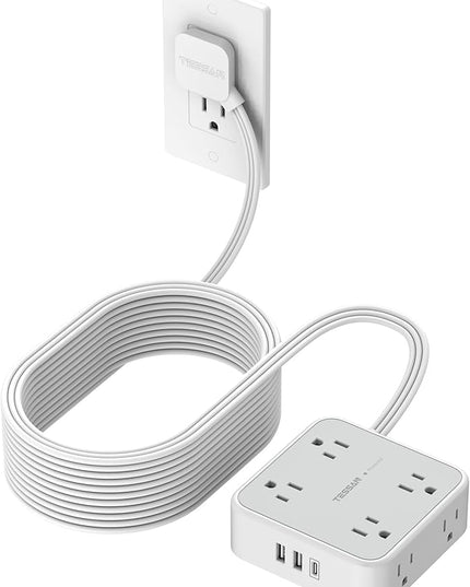 Flat Plug Long Extension Cord 25 Ft, TESSAN Power Strip Surge Protector with 8 Outlets 3 USB Ports (1 USB C), 900J Protection Desktop Charging Station for Home, Office, Dorm Room Essentials