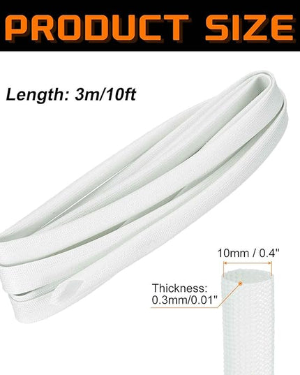 MECCANIXITY 10ft Braided Cable Sleeve, 0.4" ID 200C High Temperature 1500V Fiberglass Wire Insulation Cord Protector Organizer Wires Management for Motor Engine Fuel Line, White