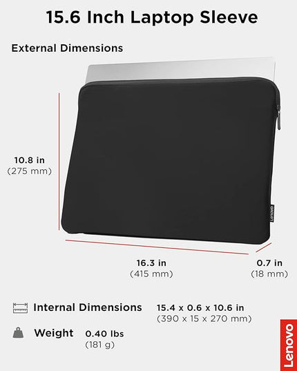 Lenovo Basic Laptop Sleeve 15.6 Inch Notebook/Tablet Compatible with MacBook Air/Pro Neoprene Material - Soft Fleece Lining - Zippered Top Opening - Black