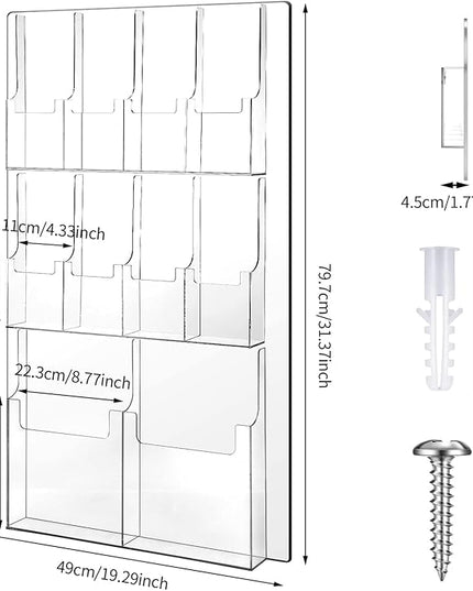 Weysat Acrylic Brochure Holder Wall Mount, Clear Plastic Pamphlet Holder Magazine Display Trifold Flyer Rack Hanging Literature Storage Organizer(2 Magazine Pockets, 8 Pamphlet Pockets)