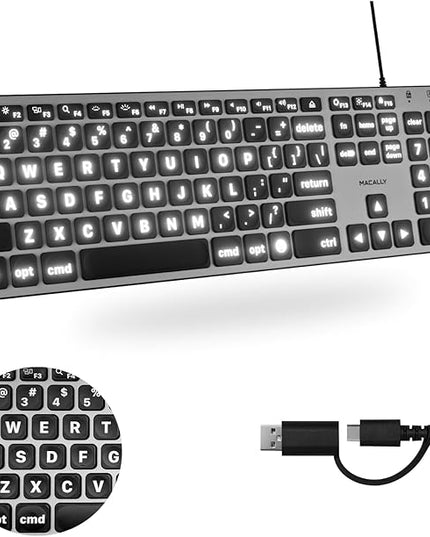Macally Wired Keyboard for Mac (USB C + A) - Large Print and Backlit for Apple - 107 Key Full Size Large Letters USB C Keyboard for MacBook Pro/Air, Mac mini, iMac