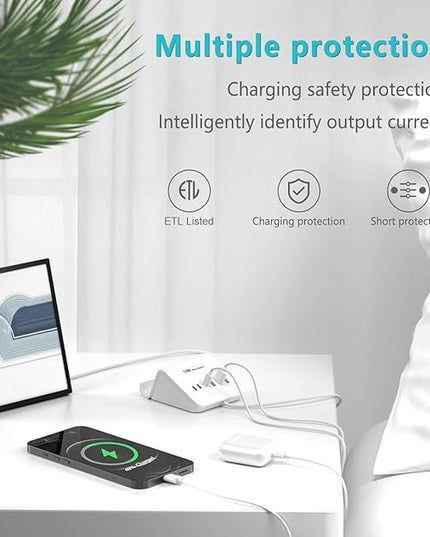 VHBW USB Charging Station, 6 Port 3USB-A and 3USB-C Charging Station for Multiple Devices, Multi USB Nightstand Charger Station with Phone Stand (ETL Listed, 6Ft Extension Cord, White)