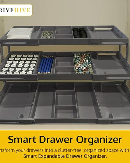 3 Tier Drawer Organizer, Multi Level Smart Drawer Organizer for Desk, Expandable Organizer for Office, Makeup, Jewelry, Kitchen, Folding Storage for Home and Office Drawers - Gray