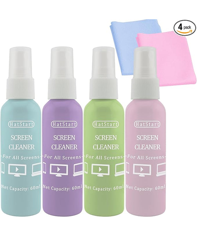Hatstart 4-Pack Screen Cleaner Spray and 2 Pcs Microfiber Cloth Kit - for LCD, Laptop, PC, Macbook, iPhone, iPad, Computer Monitor, TV, Phone, Tablet, Touchscreen, Eyeglass Lens, and Car Display