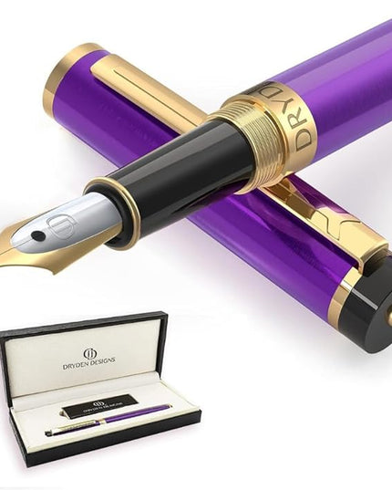 Dryden Designs Fountain Pen. Medium Nib Premium Box | 6 Ink Cartridges Included (Decadent Purple)