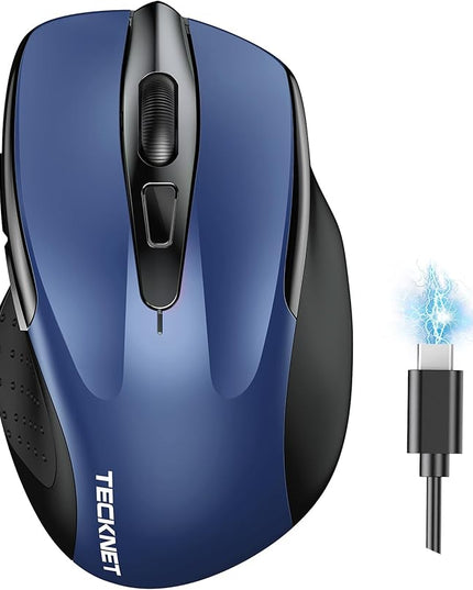 TECKNET Wireless Mouse (BT5.0/3.0 & 2.4G) Rechargeable 4800 DPI Silent USB A & Bluetooth Mouse 6 Buttons, Wide Compatibility - Blue