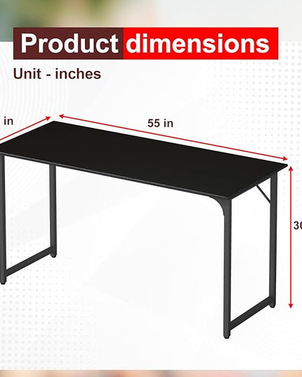 PayLessHere | 55 Inch Computer Desk | Black | Office Desk with Metal Frame, Adjustable Feet | Water-Resistant, Scratchproof Surface | Sturdy Writing Table for Home Office or Study | Pack of 1