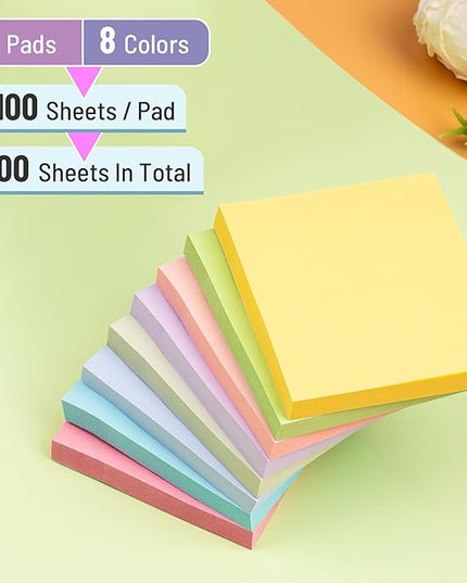 Sticky Notes 3x3 Inches, 8 Pads, 800 Sheets, 8 Color Sticky Note Pads, Premium Sticky Pads, Sticky Notes Bulk, Self-Stick Note Pads, 100 Sheets/pad