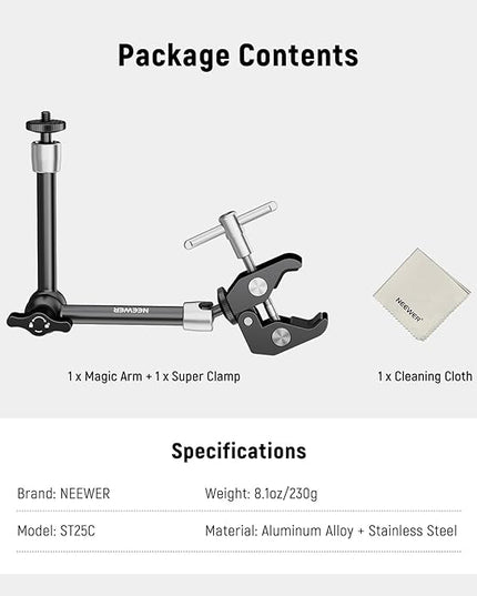 NEEWER 9.8"/25cm Magic Arm with Super Clamp & Cleaning Cloth, 1/4" & 3/8" Threads for Flash/LED Light/Microphone/DSLR Camera Monitor Compatible with SmallRig Camera Cage, Max Load: 4.4lb/2kg, ST25C